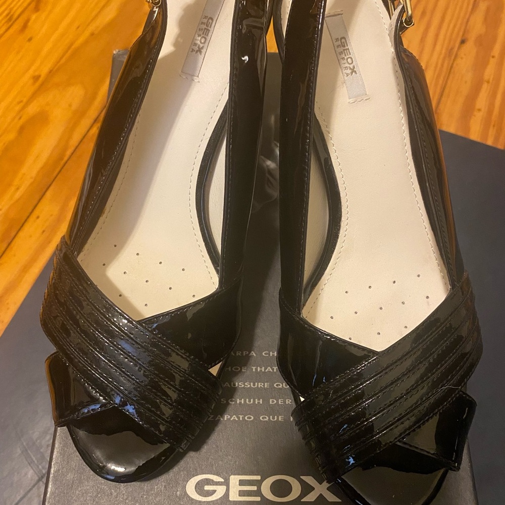 Geox Women's Glossy Black Peep-Toe Heels